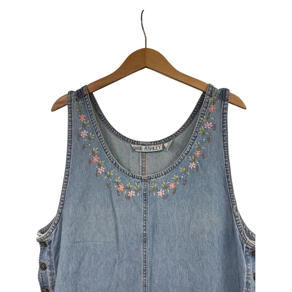 Vintage Laura Ashley Denim Pinafore Dress Floral Midi Teacher Modest Jumper L - Picture 2 of 8